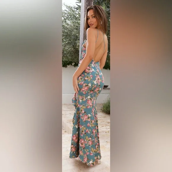 HELLO MOLLY ONE SHOULDER SATIN MAXI DRESS GREEN W PINK FLORAL SIZE XSMALL NWT - Picture 7 of 17